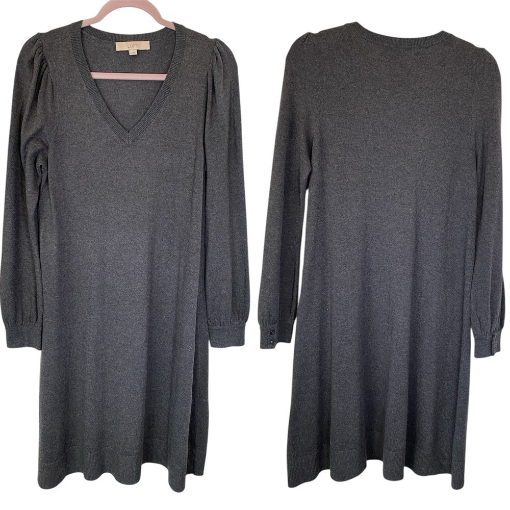 LOFT Gray V-Neck Sweater Dress M - Picture 2 of 8